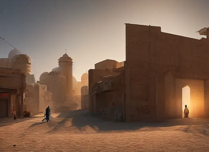 Image similar to old cyber jeddah city alley, roshan, old shops, horse, magical glowing sand gateway to another dimension, ( several robots )!!! and a man wearing a white robe standing watching over, dramatic lighting, dawn, by caspar david friedrich, unreal engine 5