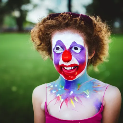 Prompt: a abstract shaped portrait of a abstract girl who has face - painting like a clown smiling creepily. depth of field. lens flare