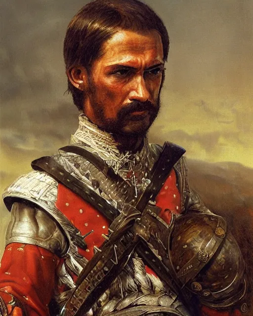 Image similar to portrait of a spanish conquistador in battle, by daniel zrom, facial features, handsome