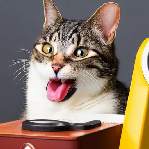 Image similar to photo of a cat laughing wide and hilariously into an old rotary phone that it is holding with its paw to its face. interior home office, at computer deist and keyboard and monitor, tec - supportt, it help, frustration, spilling coffee everywhere