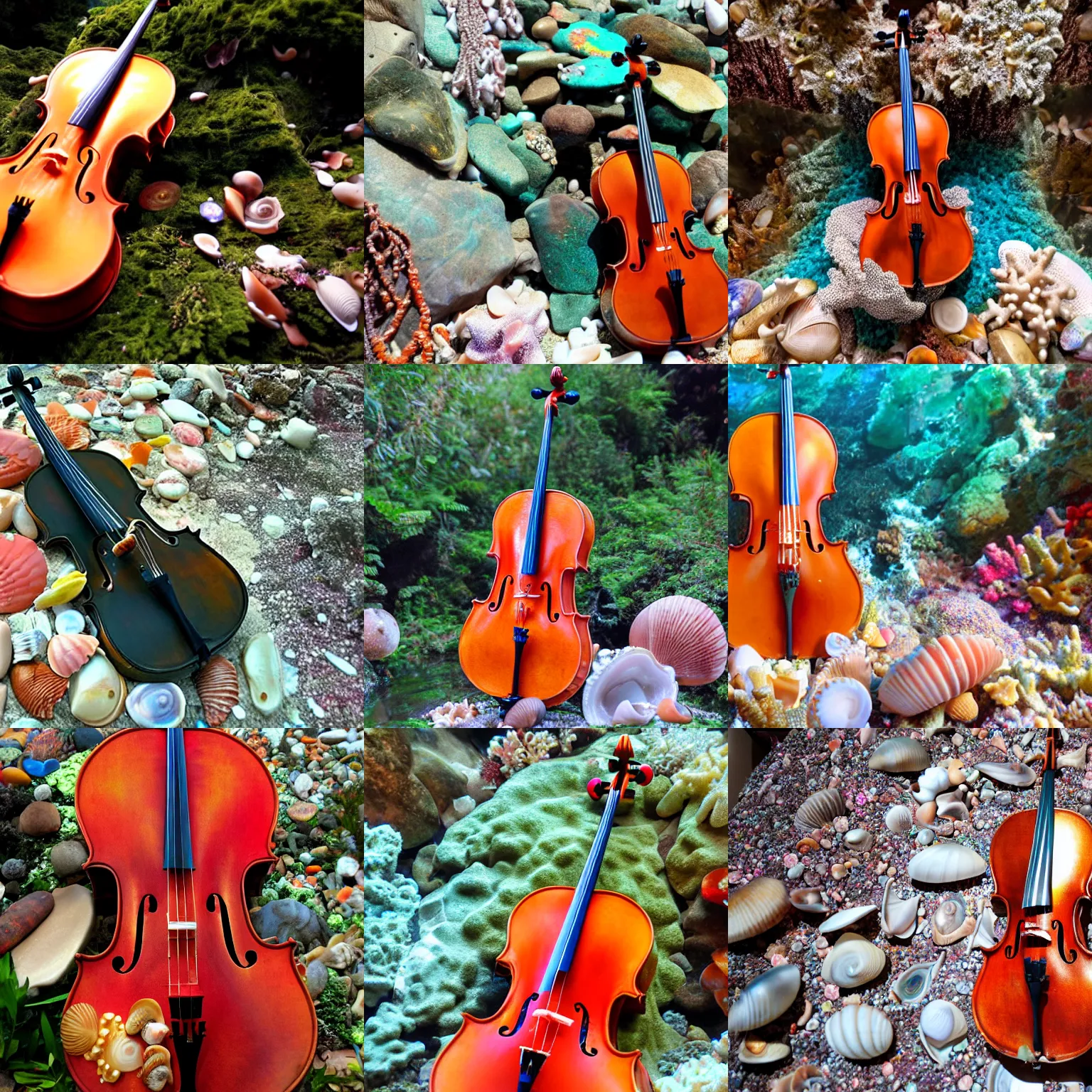 Prompt: a cello covered with many little seashells and gems in a coral garden