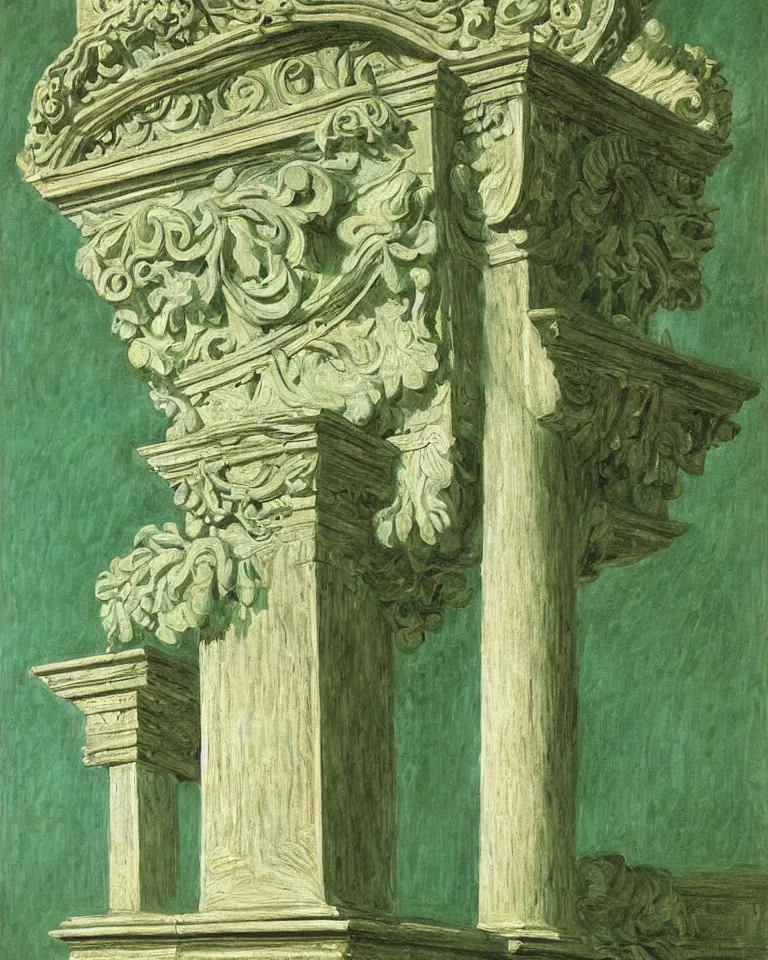 Image similar to achingly beautiful painting of intricate ancient roman corinthian capital on jade background by rene magritte, monet, and turner. giovanni battista piranesi.