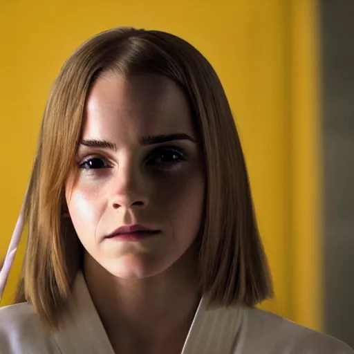 Image similar to Emma Watson in Kill Bill, Fujifilm X-T3, 1/1250s at f/2.8, ISO 160, 84mm, 8K, RAW, symmetrical balance, Dolby Vision, HDR, Luminar AI