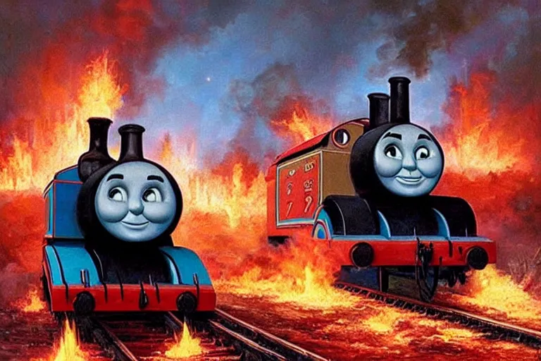 Prompt: thomas the tank engine on fire as the 4 horsemen of the apocalpyse ride by, an oil painting by ross tran and thomas kincade