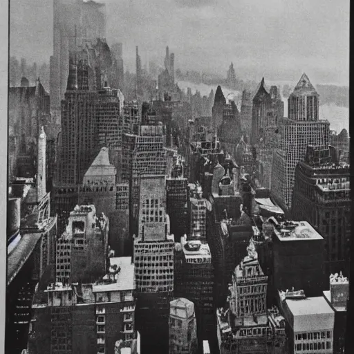 Image similar to old black and white photo, 1 9 1 3, depicting batman from dark knight on top of buildings of new york city, rule of thirds, historical record