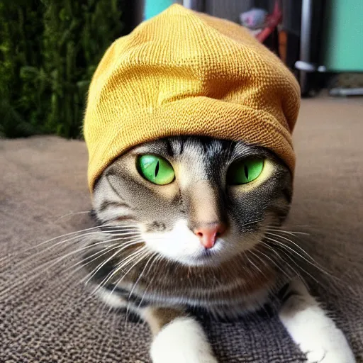 Image similar to a cat smoking weed and wearing a beanie, very stoned and tired