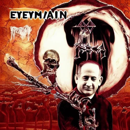 Image similar to benjamin netanyahu death metal album cover