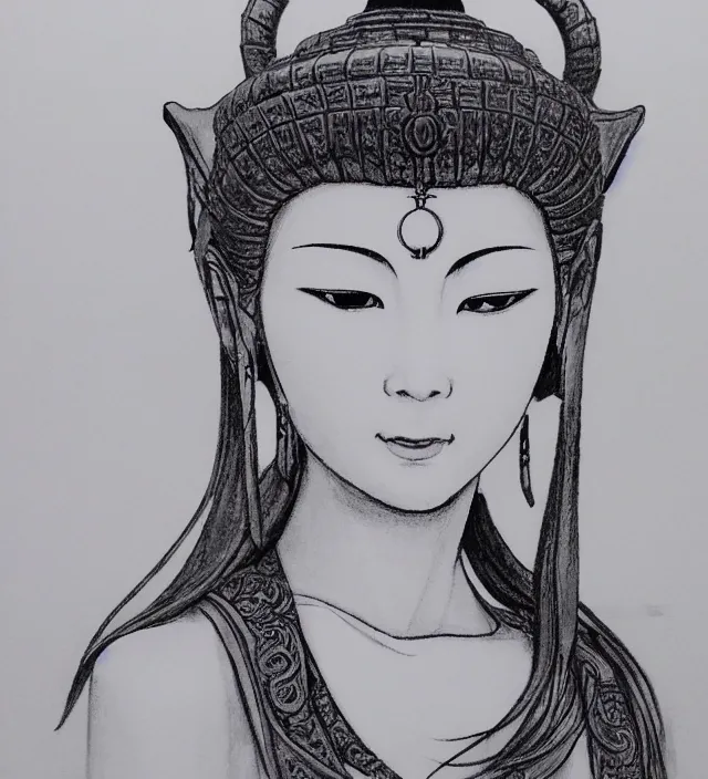 Prompt: taoist buddhist art brush ink 3 d drawing of a beautiful girl epic photorealistic portrait in squareenix miura kentaro sorayama technoir noir style detailed trending award winning