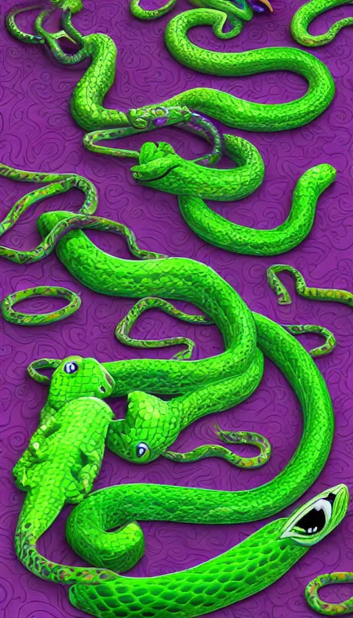 Prompt: hyperreal purple green kawaii cowboy snake mascot logo for edible crypto stimulant nootropic brand SNAKEOIL, detailed 3D character concept art by disney, art by pixar, ed roth and basil wolverton composition, hyper cute, hyper kawaii, octane rendering