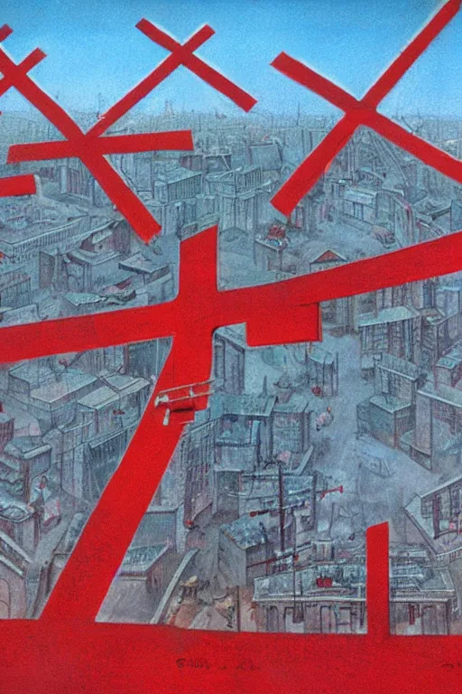 Image similar to Three giant red crosses in the center of a city by Peter Elson