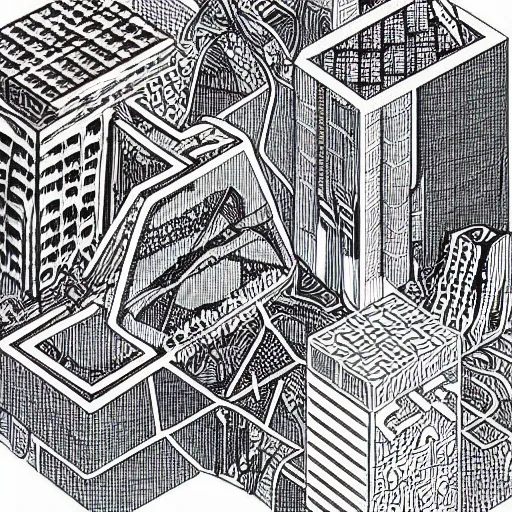 Image similar to “geometrically surreal cubescape city, extremely high detail, photorealistic, intricate line drawings, dotart, album art in the style of James Jean”