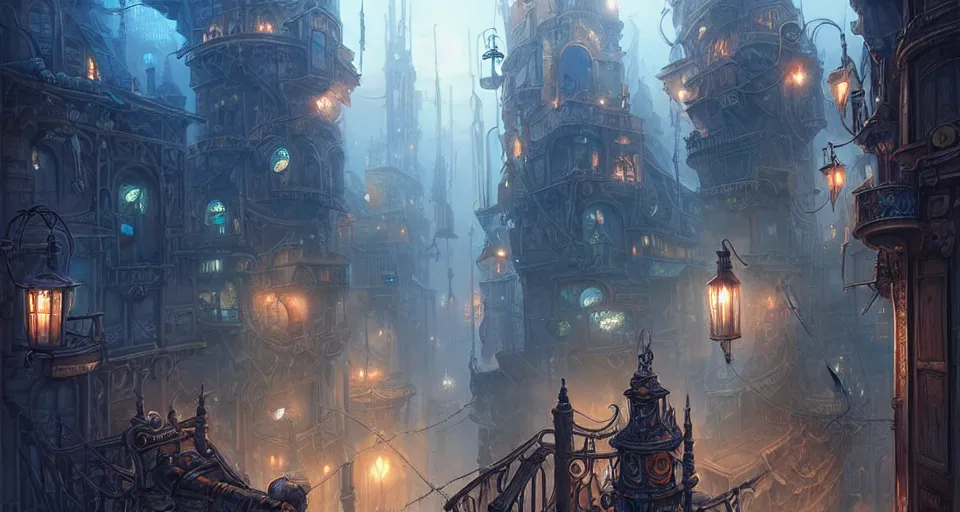 Image similar to landscape painting of fantasy metal steampunk city that has a light blue glow with walkways and lit windows with hooded thieves in leathers climbing the buildings using a rope, fine details, magali villeneuve, artgerm, rutkowski