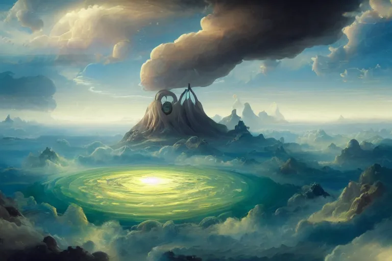 Prompt: surrealist landscape of islands floating away in concentric cycles into a celestial skyscape. a psychological dream matte digital painting by peter mohrbacher and dali. fibonacci composition, god rays, vivid tones.