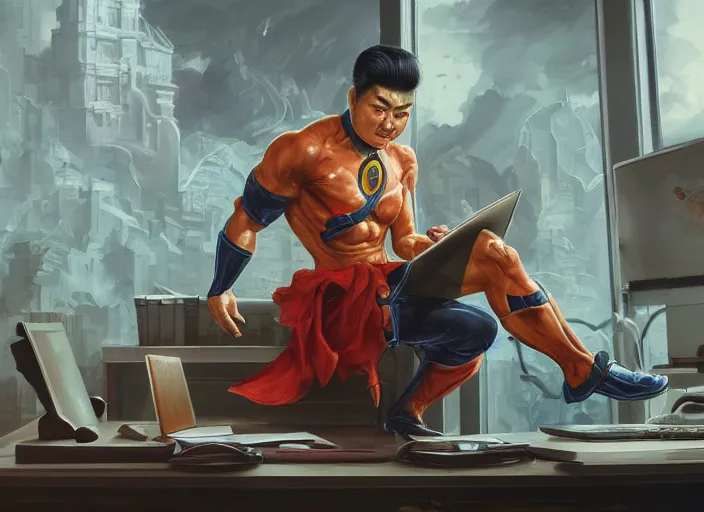 Image similar to an insanely detailed painting of an asian man wearing a homemade superhero costume, sitting at a desk, staring seriously at the computer and typing, in the style of peter mohrbacher, james jean, artgerm, dramatic lighting and composition, surreal background, octane render, pixar, trending on artstation, concept art, comic book, view from behind, 8 k