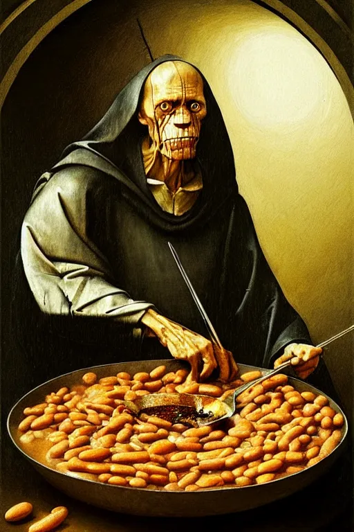 Image similar to hieronymus bosch, greg rutkowski, anna podedworna, painting of willem dafoe eating baked beans and eggs