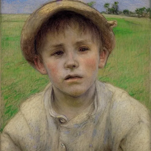 Prompt: Portrait of a farmer boy, by Jules Bastien-Lepage, Emile Friant, Dagnan Bouveret, chalk, pencil drawing, pastel, field in background