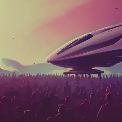 Prompt: thousands of people next to a big spaceship, sad color palette, artstation