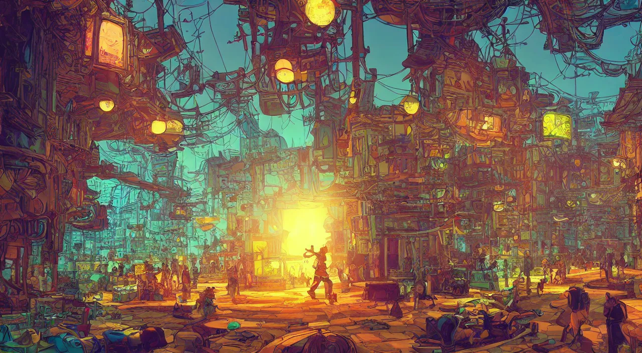 Image similar to bazaar zouk oriantal full color sky shine place mosquet painting stylized digital illustration video game icon global illumination ray tracing that looks like it is from borderlands and by feng zhu and loish and laurie greasley, victo ngai, andreas rocha, john harris