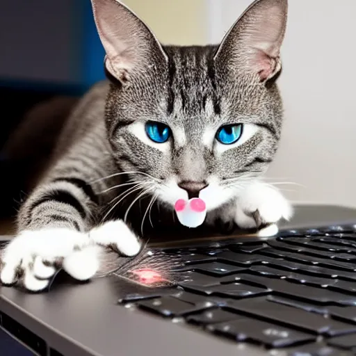 Prompt: robotic cat holding a computer mouse in his mouth