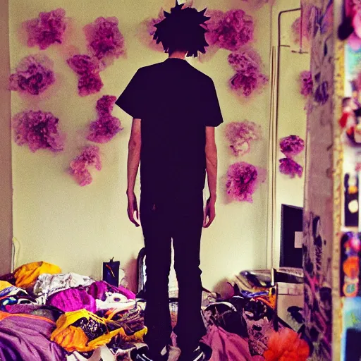 Image similar to kodak portra 4 0 0 photograph of a skinny goth guy standing in a cluttered bedroom, back view, flower crown, moody lighting, telephoto, 9 0 s vibe, blurry background, vaporwave colors, faded!,