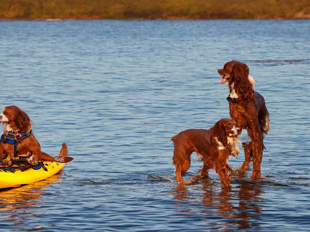 Image similar to a brown springer spaniel stood in a kayak, wearing a sea captains hat, sunrise, beautiful early morning light, golden hour, seaside