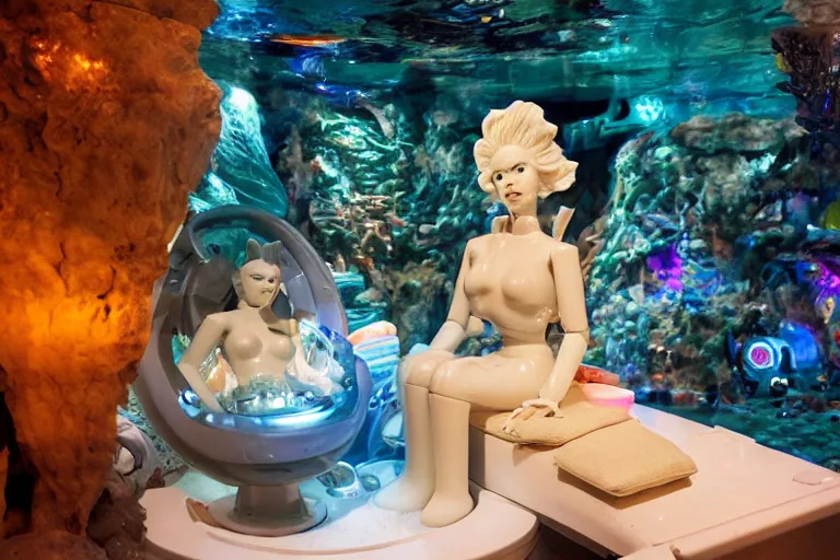 Prompt: robot mermaid sitting in cyber grotto made of porcelain, from 1986, bathed in the glow of a crt television, tv screens in background, low-light photograph, in style of terry richards