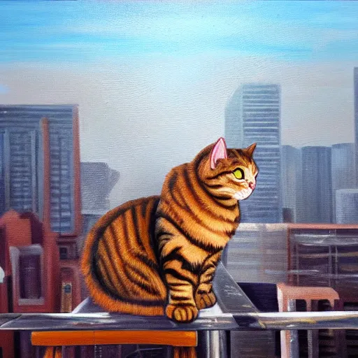 Image similar to an oil painting of a cat on top of a building looking over a city trending on art station