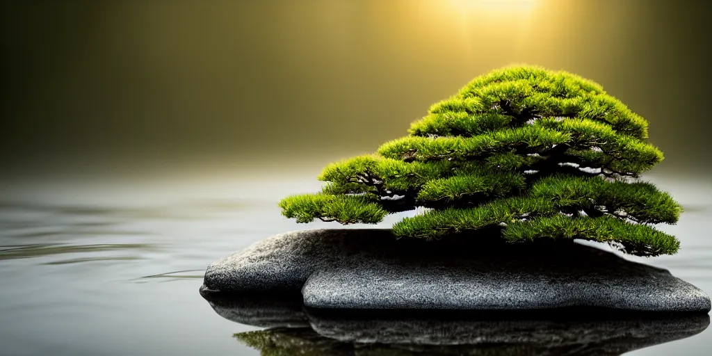 Prompt: photo bonsai cedar on a small angular stone in the water, gold hour, soft lighting, light fog, medium full shot, volumetric lighting, beautiful, ultra detailed, cgsociety by leesha hannigan, thierry doizon, 3 5 mm, fujifilm, cinematic, realistic