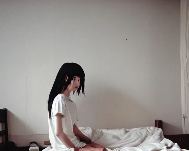 Image similar to a film still of lone anime girl in white tshirt is sitting on poor bed in pale colors room in dark russian flat, perfect faces, fine details, anime, cinestill