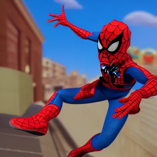 Image similar to a still of spider - man in toy story ( 1 9 9 5 ), 3 d render, 1 6 : 9