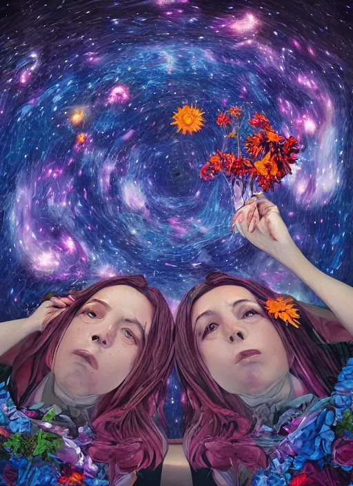 Image similar to An epic fantastic realism comic book style painting of the most beautiful entwined flowers launched across the dark and starry night sky, nebulous bouquets, fisheye lens, unreal 5, DAZ, hyperrealistic, octane render, dynamic lighting