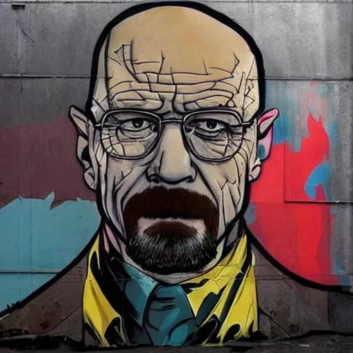 Image similar to Walter White as Batman, Heisenberg as the Dark Knight, Urban Graffiti Banksy, Bordalo, trending on artstation