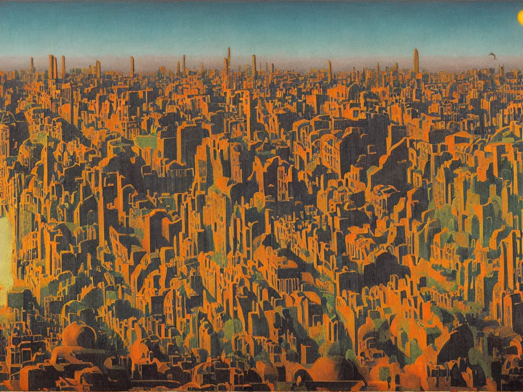 Prompt: Sponged city, sunset with flares, Socotra, baobab metropolis, Balinese dragons, desolation of the leaf Painting by Rene Magritte, Moebius, Jean Delville, Max Ernst, Maria Sybilla Merian