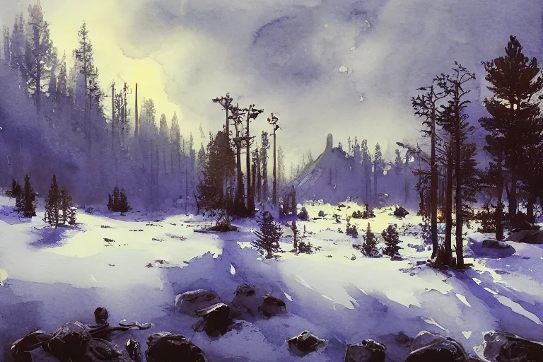 Prompt: small centered on watercolor paper, paint brush strokes, abstract watercolor painting of ragnarok at nightfall, american wild west, winter, pine trees, viking mythology, cinematic light, american romanticism by hans dahl, by jesper ejsing, by anders zorn, by greg rutkowski, by greg manchess, by tyler edlin