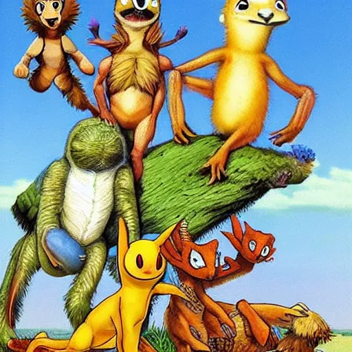 Prompt: A beautiful land art of a group of creatures that looks like a mix of different animals. Most of the creatures have human-like features, such as arms and legs, and some are standing upright while others are crawling or flying. Digimon by Larry Elmore relaxed