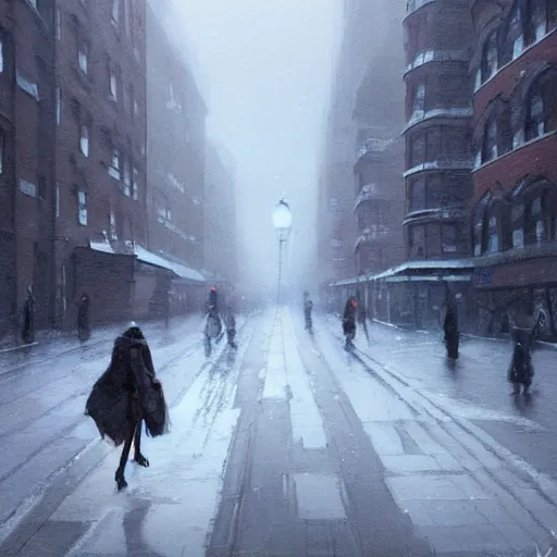 Image similar to two people in the street of london in winters, greg rutkowski style, trending on artstation