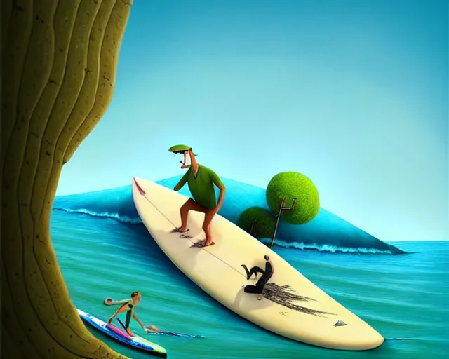 Prompt: a man surfing on a crocodile alike surfboard, a man using a crocodile as a longboard, funny cartoonish, by gediminas pranckevicius, 8 k cartoon illustration, impressive perspective