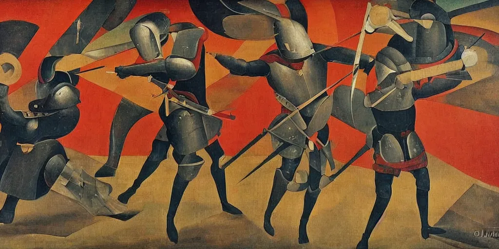 Prompt: italian futurism style painting of medieval knights dueling