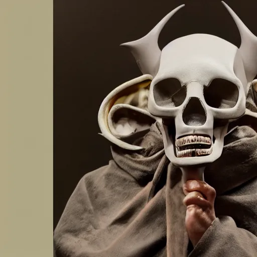 Prompt: photo of anthropomorphic rat with exposed skull wearing dark sorcerer robes