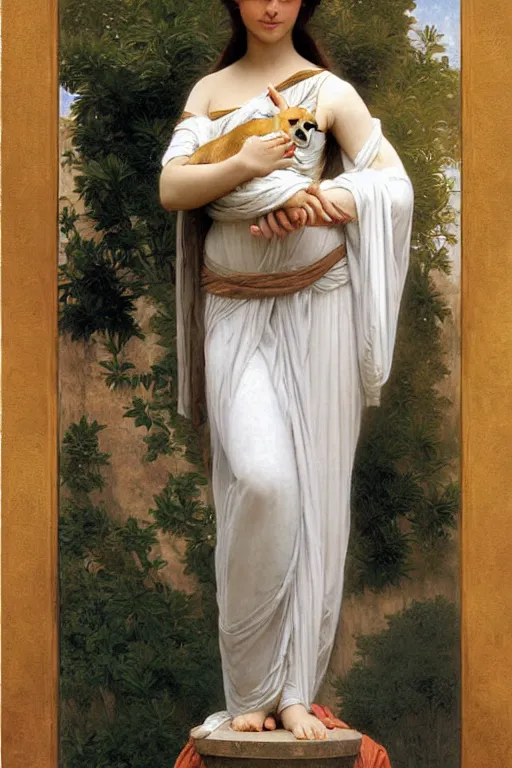 Image similar to cat fursuit as a greek goddess, painting by william adolphe bouguereau