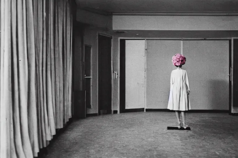 Image similar to giant flower head, girl standing in 1 9 6 0 s hotel, surreal photography, symmetry, mid century, liminal space, detailed, wes anderson