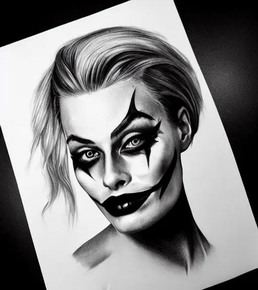 Image similar to tattoo design sketch of beautiful margot robbie portrait with joker makeup, in the style of den yakovlev, realistic face, black and white, realism tattoo, hyper realistic, highly detailed, beautiful drawing