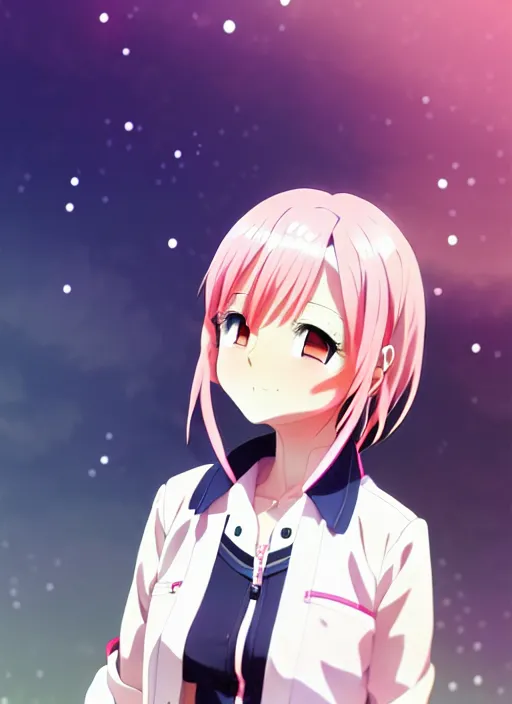 Image similar to anime portrait of ssunbiki as a beautiful woman, pink hair, wearing white polo and dark jacket, park background, bokeh, ilya kuvshinov, anime, pixiv top monthly, trending on artstation, cinematic, danbooru, zerochan art, kyoto animation