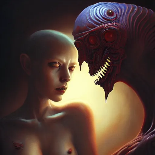 Image similar to ultra realist horror painting of a dimly lit attractive alien female and hellish creature together, very intricate details, focus, curvy, full frame image, artstyle hiraku tanaka and craig mullins, award winning