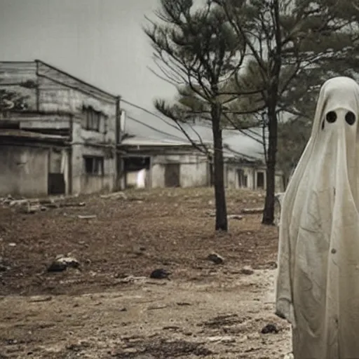 Image similar to horror movie about japanese world wae soldier ghost in abandoned town, realistic