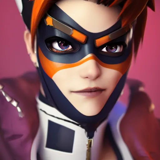 Prompt: tracer overwatch wearing spiked collar, dark makeup, feminine facial features, detailed eyes, detailed face, artstation, 4 k,