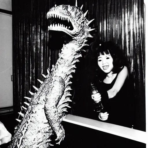 Image similar to extremely realistic toho godzilla partying at studio 5 4 b & w grainy photograph lots of celebrities including andy warhol