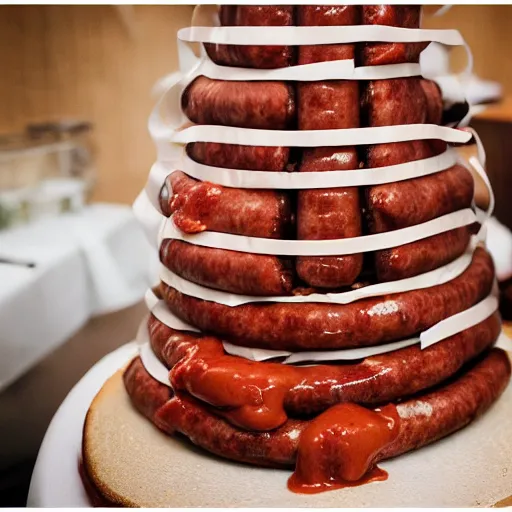 Image similar to a wedding cake made of meat and sausages with ketchup sauce. During wedding. Highly detailed 8k