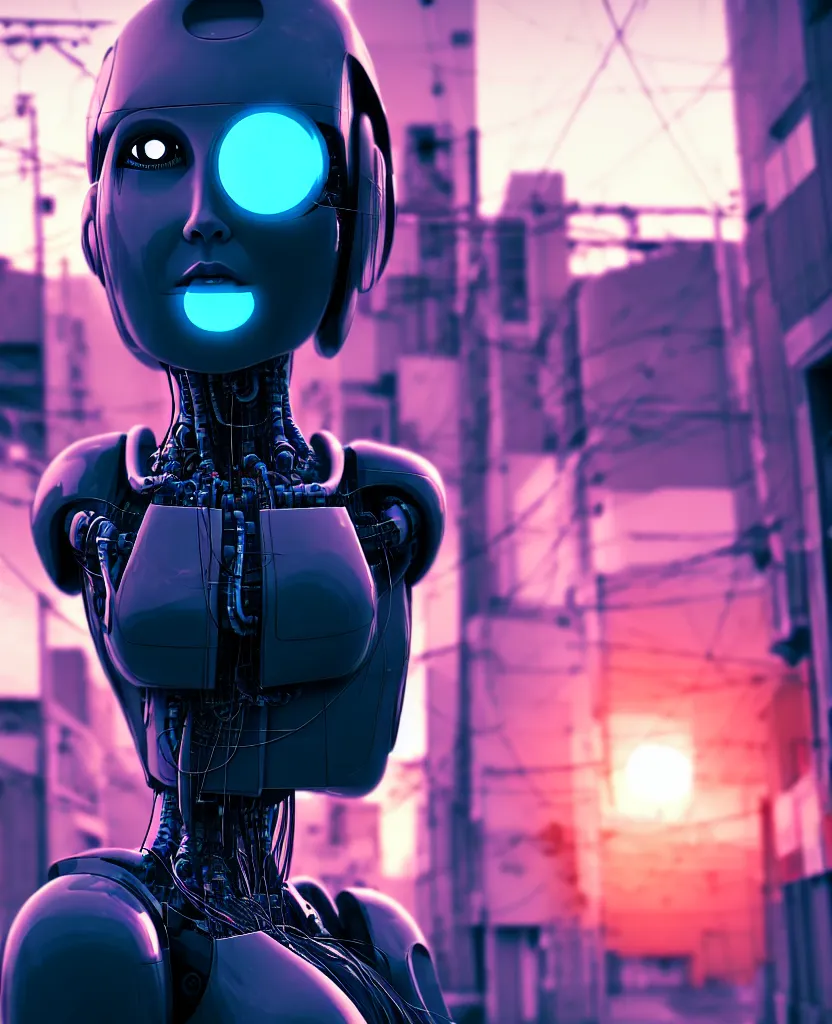 Image similar to a photo close up cyberpunk half robot half girl stands in a cyberpunk hiroshima, prefecture streets, sunset, photorealistic, cinematic lighting, very detailed, style by tomino - sama