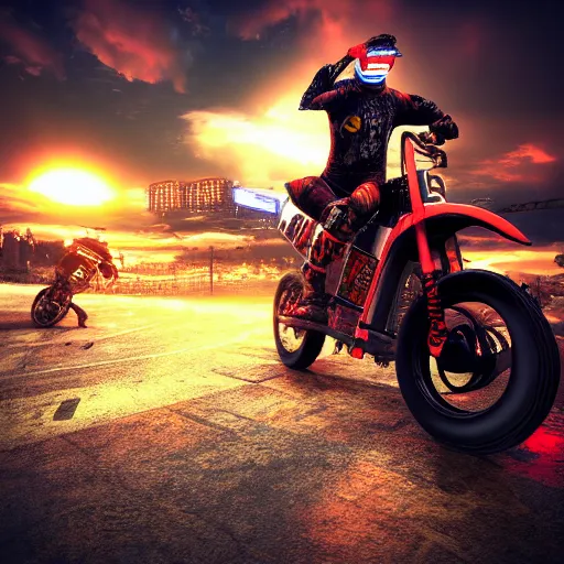 Image similar to a cyberpunk motocross cycle, sunset, 8 k, trending on artstation, exciting, action shot, total shot